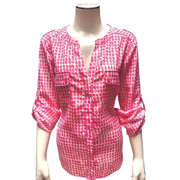Collective Concepts Medium Pink White Hearts Patterned Blouse Long Sleeve All Po - Picture 1 of 7